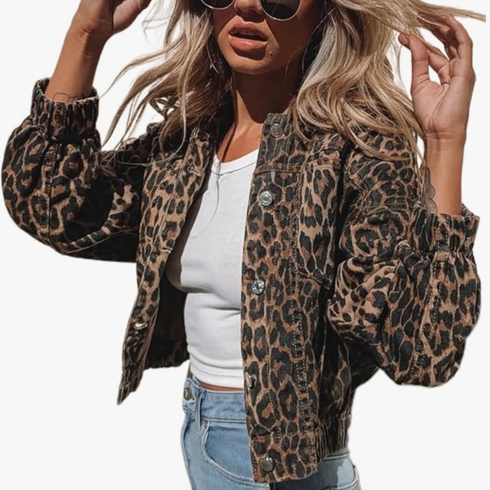 Leopard denim bomber jacket